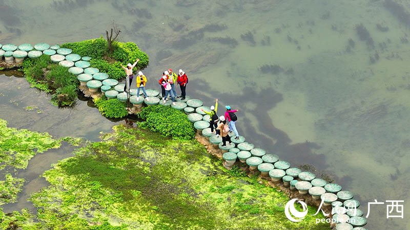 人们在湖中栈道打卡。人民网 付华周摄 人们在湖中栈道打卡。人民网 付华周摄